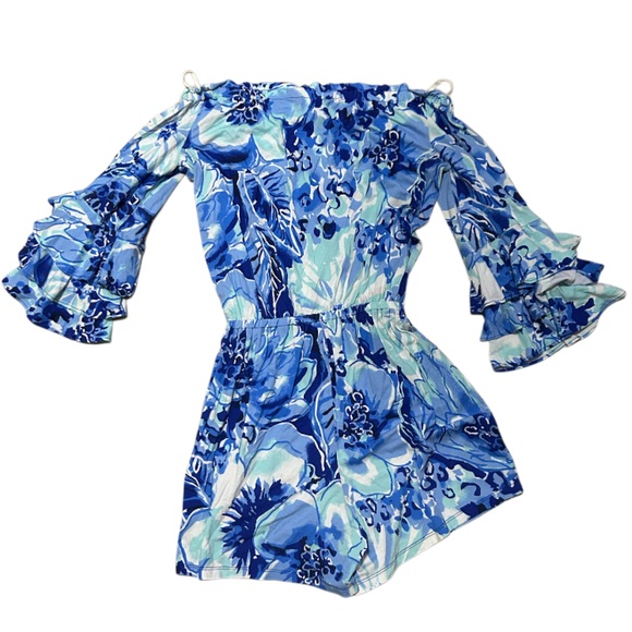 Lilly Pulitzer XXS Calla Off the Shoulder Romper Floral Print Blue - Picture 2 of 5